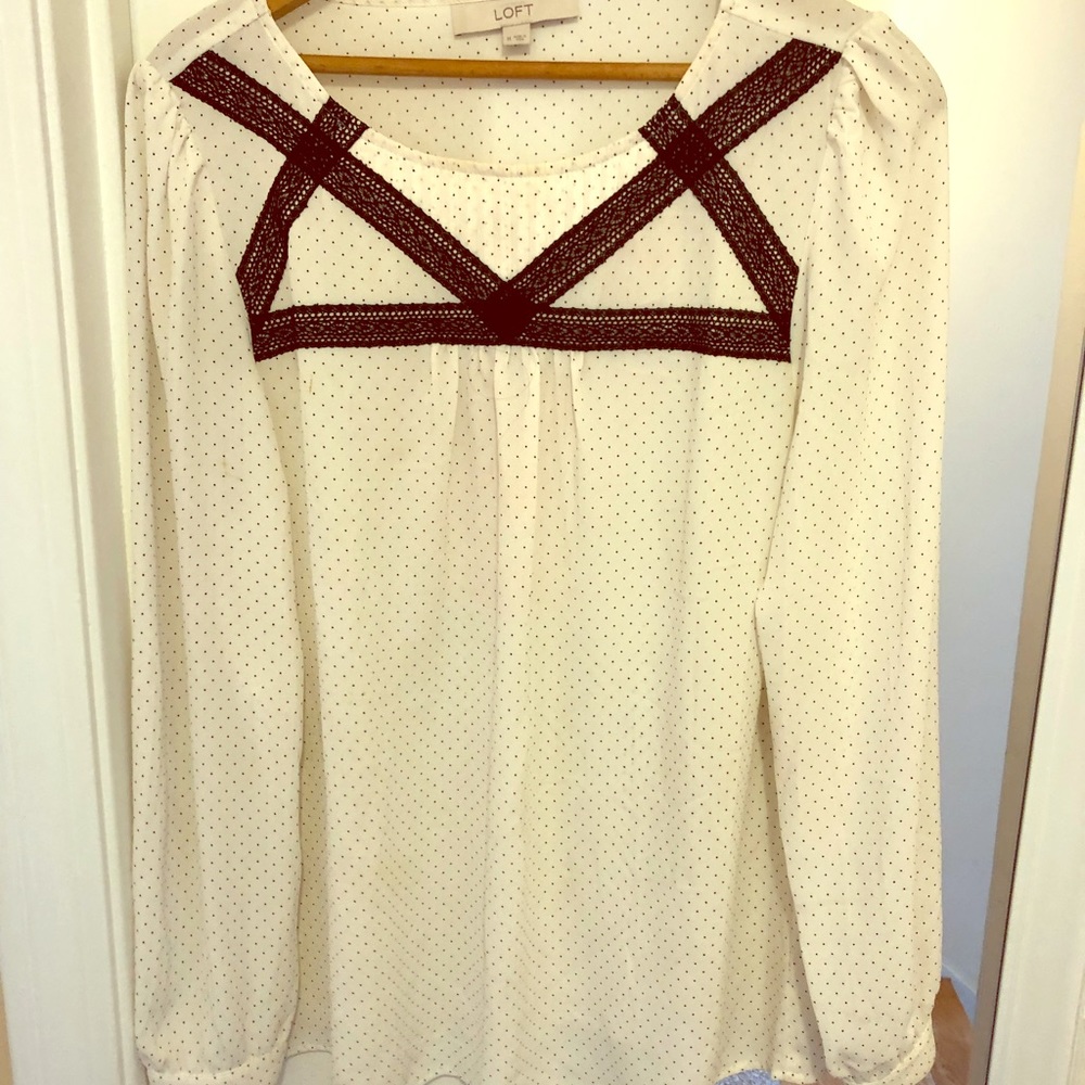 Loft blouse with lace criss cross detail on front